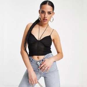 ASOS DESIGN halter top with ruching and mesh panel in black